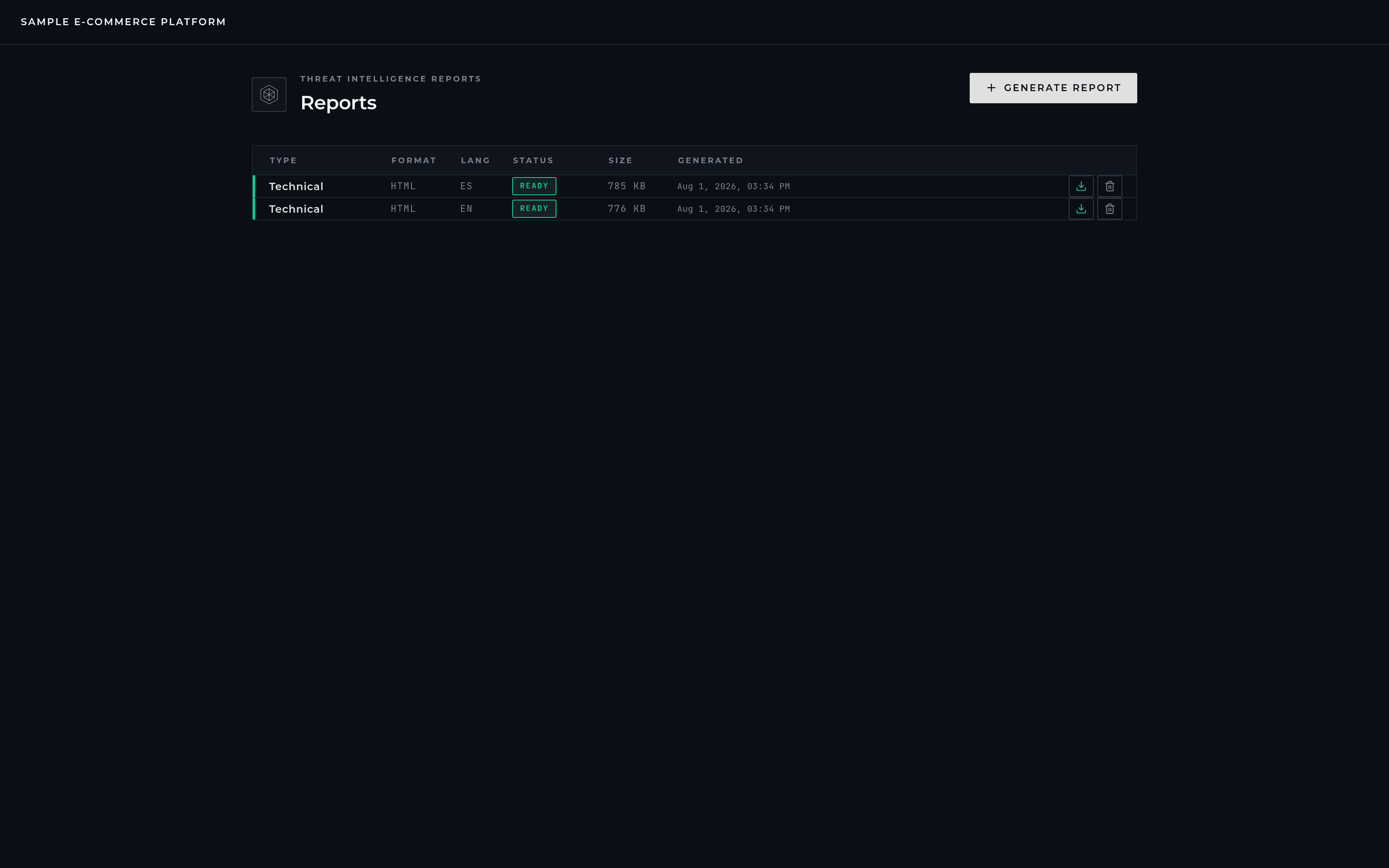 The reports screen: type, format, language, status, size and generation time — the same project reported in English and in Spanish.