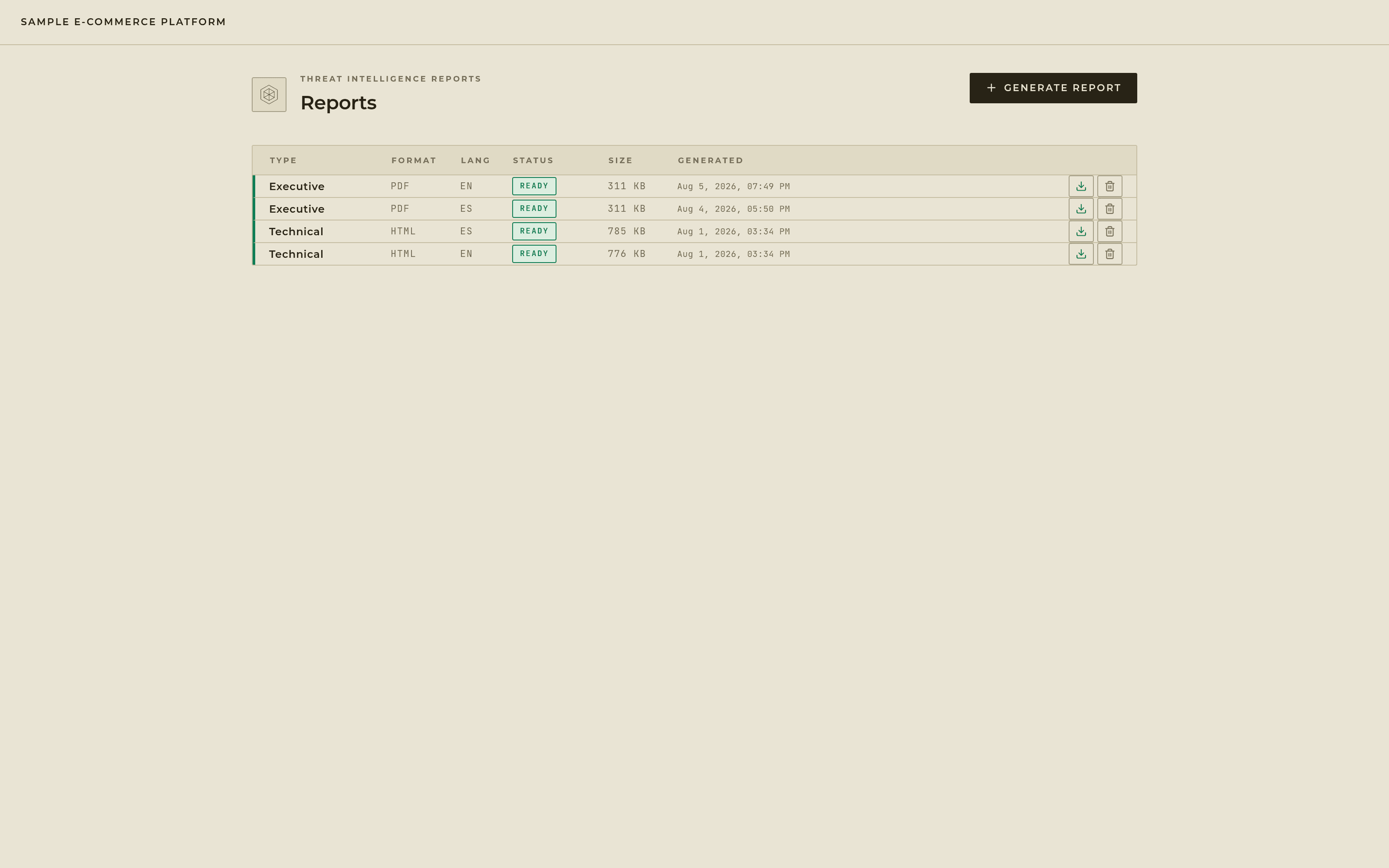 The reports screen: type, format, language, status, size and generation time — the same project reported in English and in Spanish.