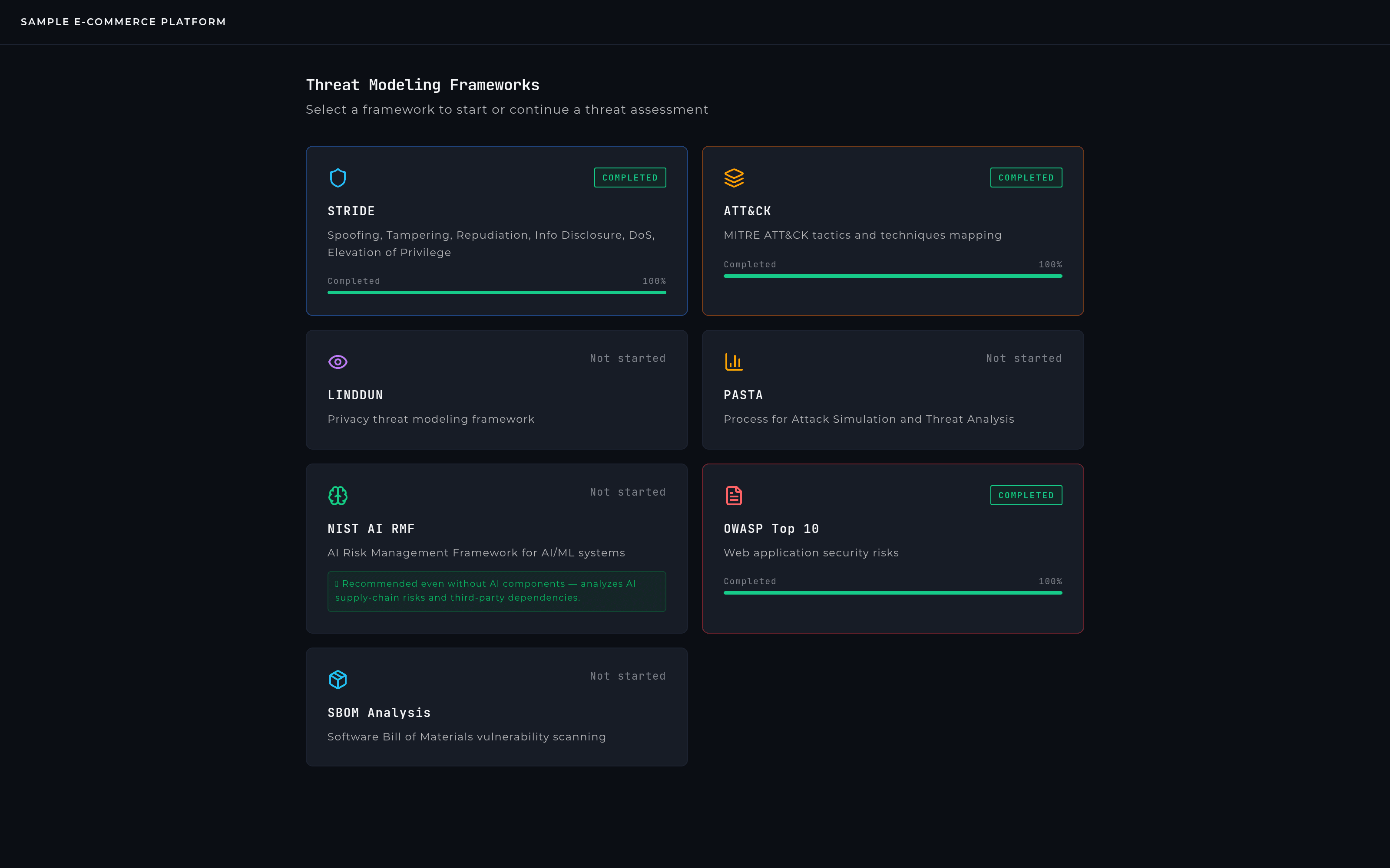 The framework selector: each one starts and tracks its own assessment, with its own completion state.