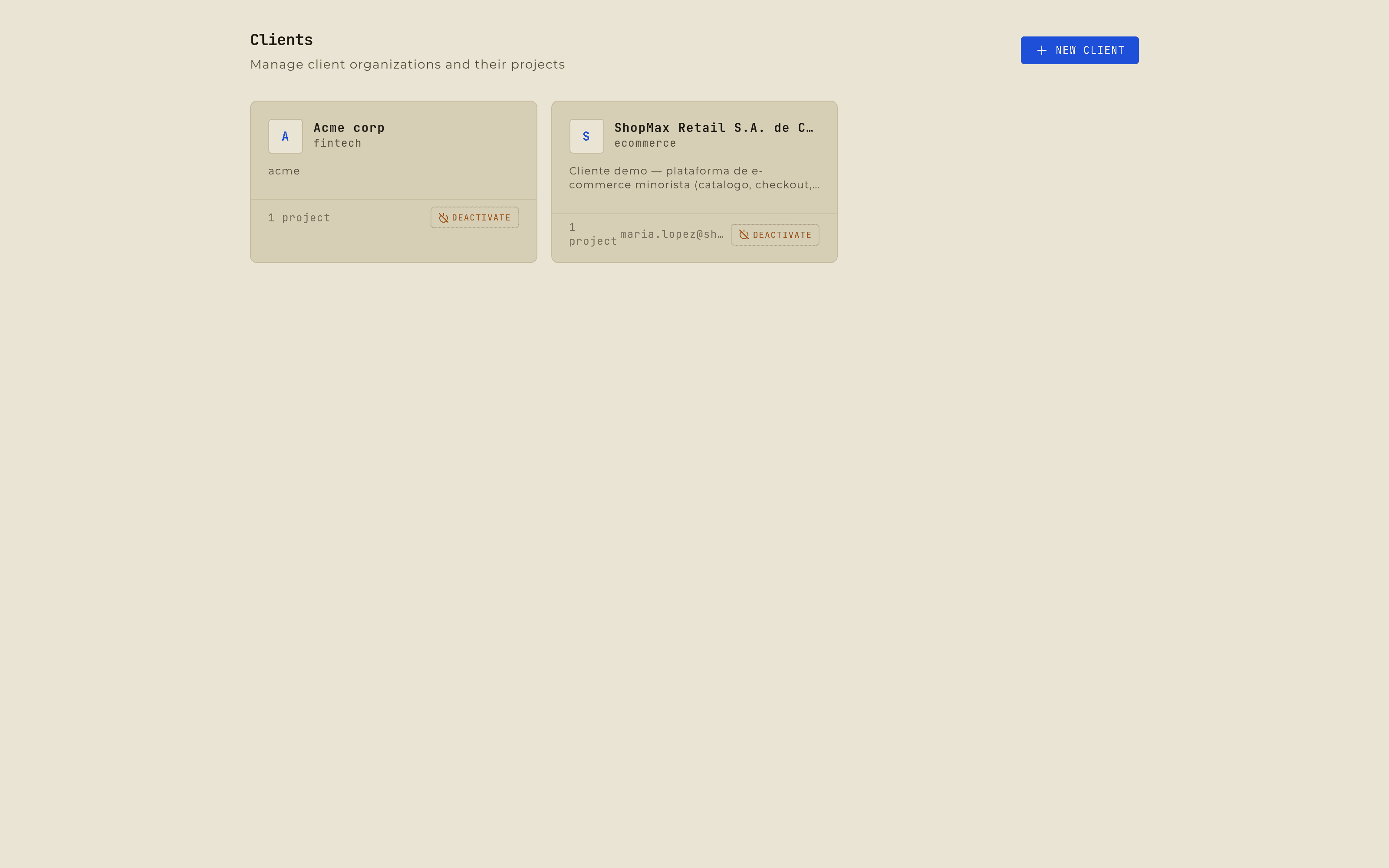 The Clients screen: one card per client organization, each showing its industry and how many projects it holds.