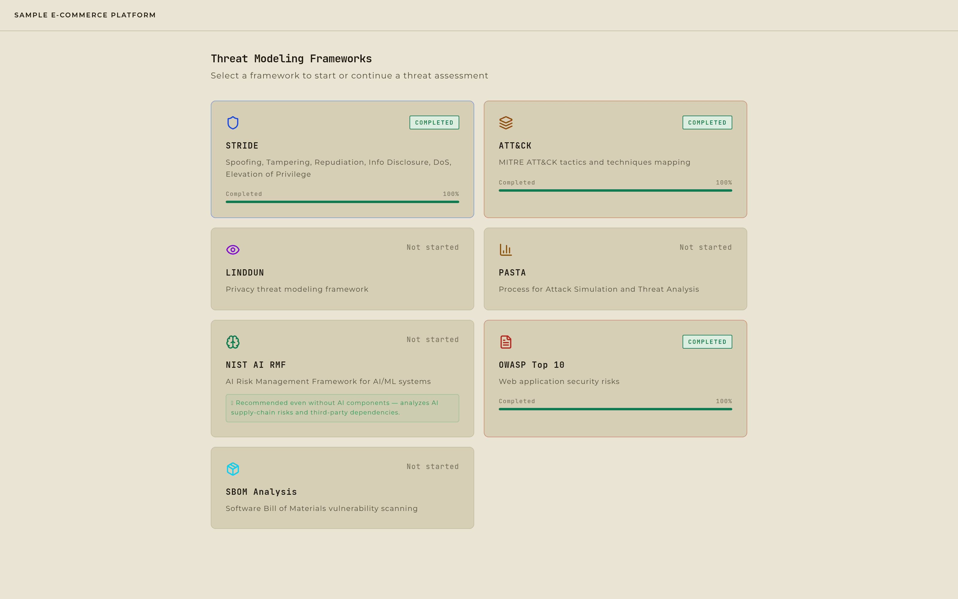 The framework selector: each one starts and tracks its own assessment, with its own completion state.